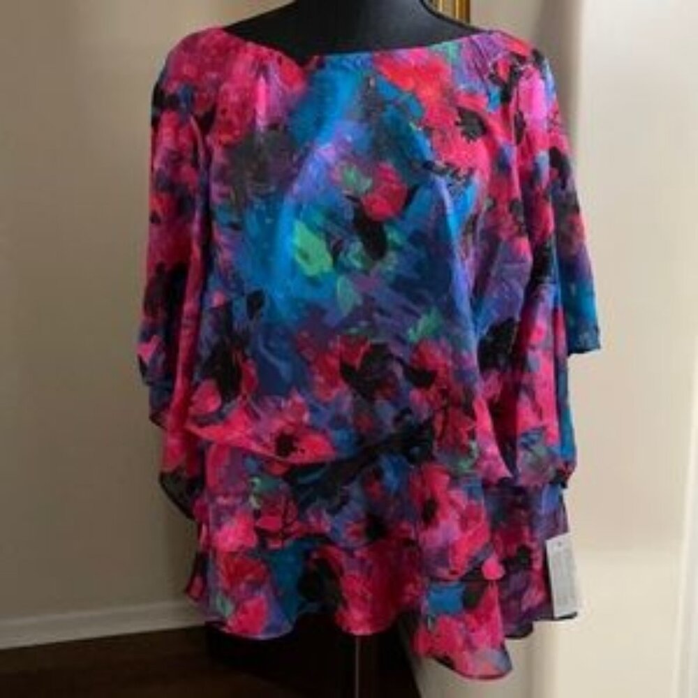 Alex Evenings Multi-Colored Floral Print Tiered Layers Tulip Hem Chiffon Blouse